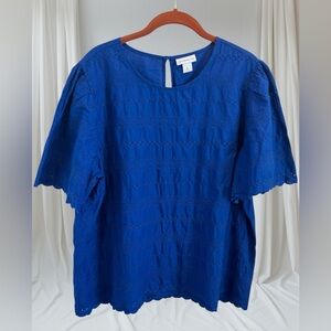 Liz Claiborne Royal Blue Eyelet Cotton Blouse XL Scalloped Hem Short Sleeve